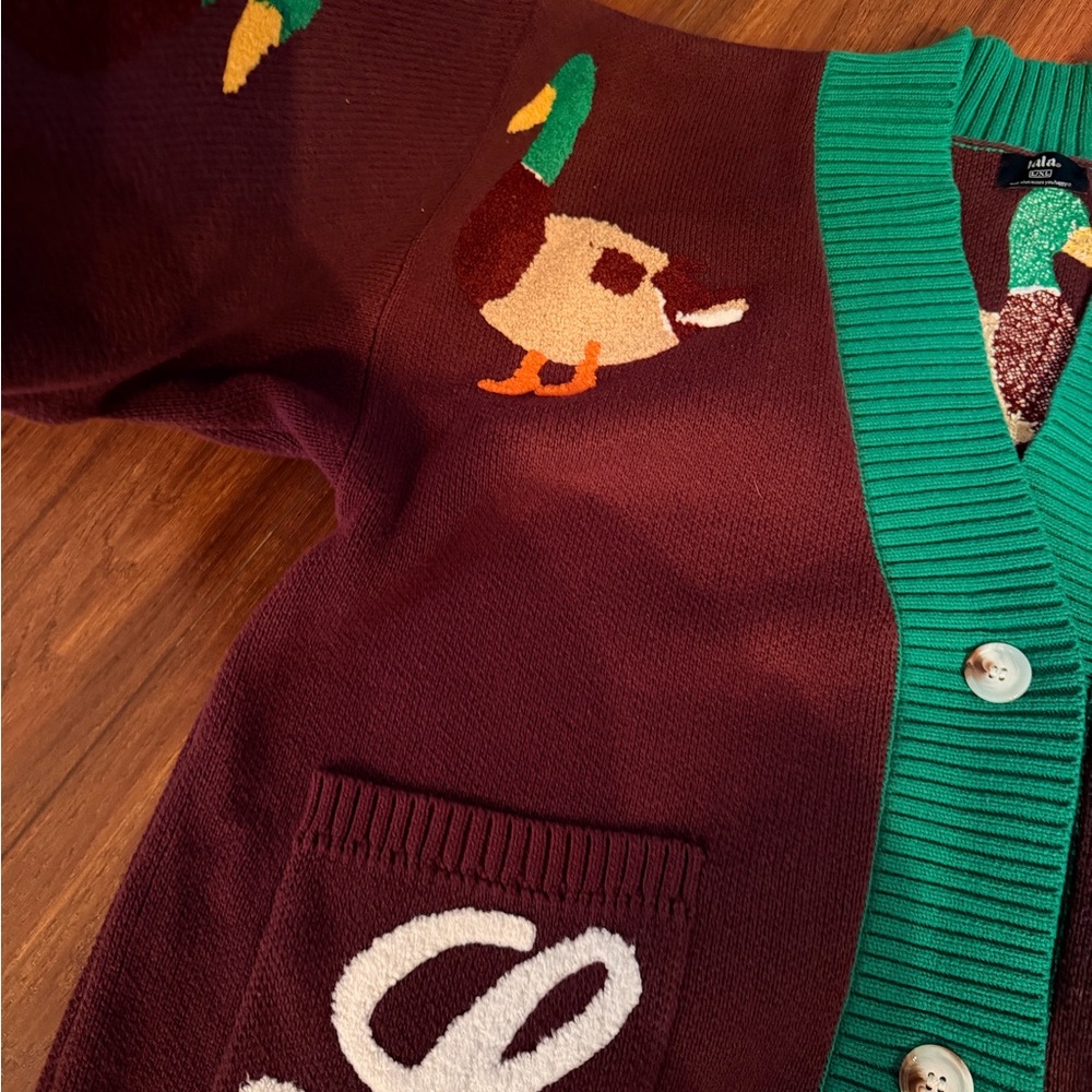 Lala Maroon Cardigan with Green Trim and Cream Accent Letters - Picture 2 of 9